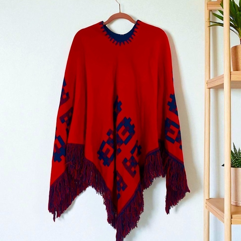 Vintage 70s Poncho Mexican Reversible Fringe Cape Shawl Blue/Red Wool Handmade
